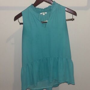 Jade Turquoise Sleeveless Blouse with Ruffle Hem